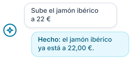 Ejemplo: «Sube el jamón ibérico a 22 €» y el copiloto cambia el precio